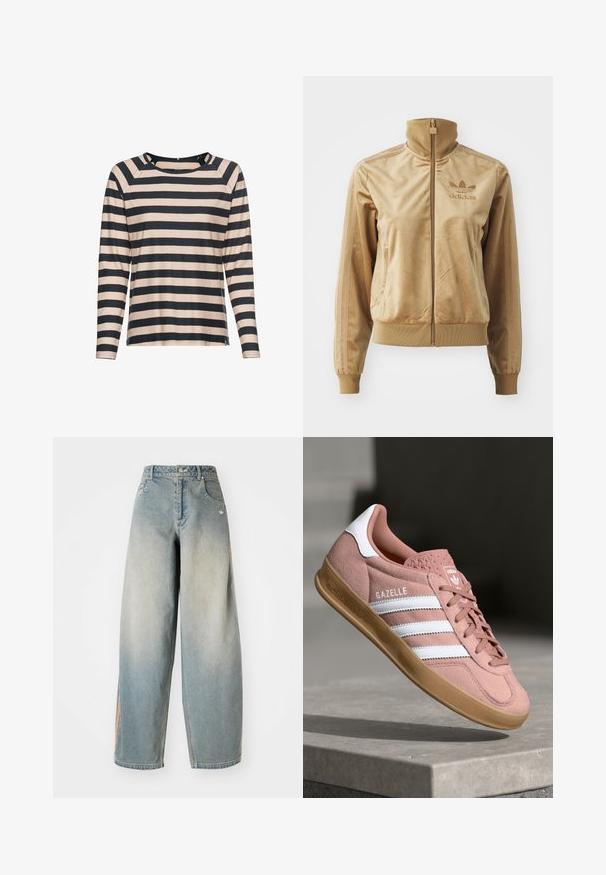 Tan Velours Sweatjacke mit hohem Kragen. Verfügt über gerippte Bündchen und Saum, seitliche Taschen und ein gesticktes Logo auf der Brust.; Langarmshirt mit rundem Ausschnitt, ausgestattet mit breiten horizontalen Streifen in Marineblau und hellem Beige. Weicher Stoff mit lockerer Passform.; Himmelblaue Denim-Hose mit weitem Bein und einem verblassten Finish. Sie verfügt über Fronttaschen, einen Knopfverschluss und ein dezentes Logo am Bund.; Rosa Wildleder-Sneaker mit weißen Streifen, Gummisohle, strukturiertem Obermaterial und Logo auf der Zunge. Klassisches Low-Top-Design.
