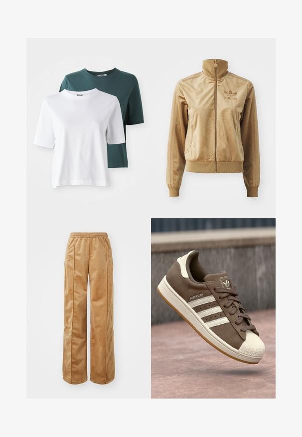Bež velur jakna s patentnim zatvaračem i visokim ovratnikom. Sadrži rebraste rukave i rub, bočne džepove i izvezeni logotip na prsima.; Dvjeca s kratkim rukavima: jedna bijela i jedna tamnozelena. Obe imaju okrugli izrez i meku, pamučnu teksturu. Oznaka branda vidljiva na vratu.; Tamne široke hlače izrađene od mekog, baršunastog materijala. Imaju elastičnu traku u struku i vertikalne šavove duž prednje strane za dodatne detalje.; Smeđi suedetenisice s bijelim prugama, kremastim naglascima i gumenkatom nosu. Imaju vezano dizajn i teksturiranu gumu.