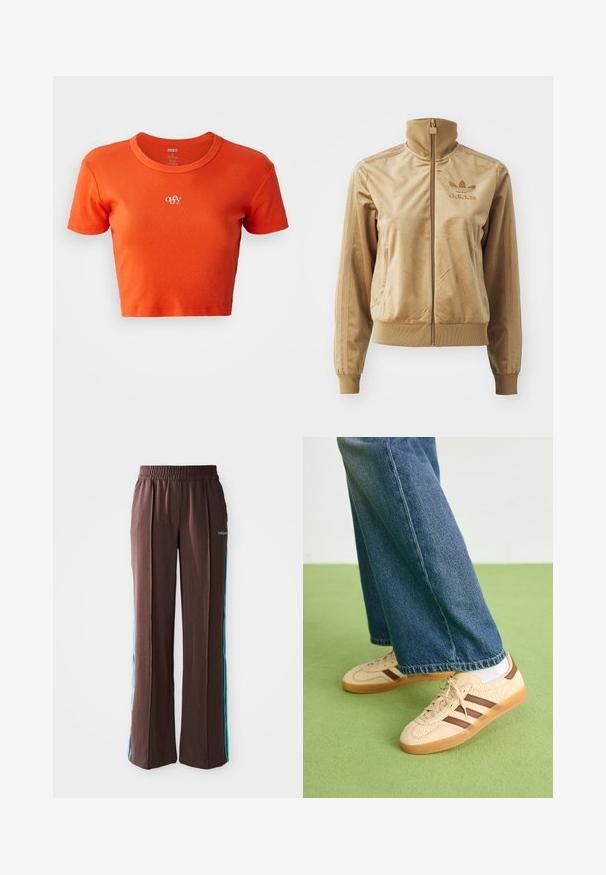 Jaqueta de veludo bege com fecho éclair e gola alta. Apresenta punhos e bainha canelados, bolsos laterais e logótipo bordado no peito.; T-shirt cropped laranja, feito de tecido canelado, com decote redondo e um pequeno logótipo branco "obey" bordado no peito.; Calças atléticas castanhas com uma textura canelada, cintura elástica e riscas laterais turquesa. Apresentam o logo da adidas na frente.; Tenis bege com painéis texturizados em creme e riscas castanhas, combinados com jeans de ganga azul. Os jeans têm um corte largo e uma bainha desfiada.