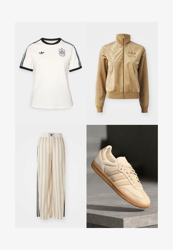 Tan velour zip-up jakke med høy krage. Den har ribbestrikkede mansjetter og kant, sidelommer og brodert logo på brystet.; Kremfarget t-skjorte med svart krage og mansjetter, med svart Adidas-logo og Spaniens nasjonale lagets merke, pluss mørke striper på ermene.; Kremfargede bukser med brede ben og zigzag-mønster, med en svart logo-linning og svarte striper på siden. Lett, teksturert stoff.; Lys beige suedette sneakers med gummisåle, tre diagonale striper og en teksturert tåhette. Har logo på tungen og siden.