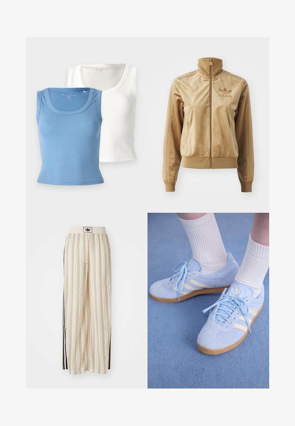 Tan velour zip-up jakke med høy krage. Den har ribbestrikkede mansjetter og kant, sidelommer og brodert logo på brystet.; To ribbet tanktopper: en lys blå og en hvit. Hver av dem har en rund halslinje og en tilpasset silhuett som fremhever stoffets tekstur.; Kremfargede bukser med brede ben og zigzag-mønster, med en svart logo-linning og svarte striper på siden. Lett, teksturert stoff.; Lyseblå semsskinn sneakers med hvite striper, flate snørebånd og såle i gummi. Ribbet hvite sokker bæres over ankelen.