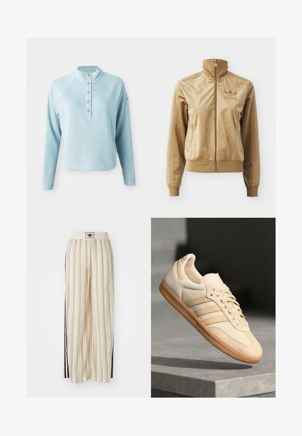 Chaqueta de felpa de color beige con cremallera y cuello alto. Presenta puños y dobladillo acanalados, bolsillos laterales y un logo bordado en el pecho.; Top de manga larga azul claro con cuello alto, tejido texturizado y cierre de botón. Presenta mangas raglán y un dobladillo recortado.; Pantalones de pierna ancha en color crema con un patrón en zigzag, que cuentan con una cinturilla con logo negro y franjas negras en los laterales. Tejido ligero y texturizado.; Zapatillas de ante beige claro con suela de goma, tres rayas diagonales y una puntera texturizada. Presenta el logo en la lengüeta y en el lateral.