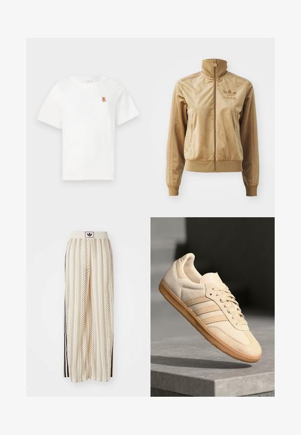 Jachetă crem din velur, cu fermoar, având un guler înalt. Dispune de manșete și tiv cu un model ribatat, buzunare laterale și un logo brodat pe piept.; Tricou alb cu mânecă scurtă, având un mic ursuleț de pluș brodat în zona stângă a pieptului. Design simplu și casual.; Pantaloni largi de culoare crem, cu un model în zigzag, având un brâu cu logo negru și dungi laterale negre. Material ușor, texturat.; Sneaker din suède bej deschis, cu talpă din cauciuc, trei dungi diagonale și o capacă texturată pentru degete. Prezintă logo pe limbă și pe lateral.