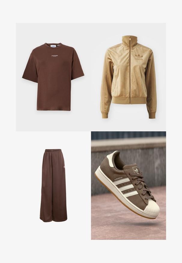 Kreemjas veluurist kapuutsiga jakki, mis sulgub tõmbel. Omab soonikkudega mansette ja allääri, küljetaskuid ning tikandiga logo rinnal.; Pruun puuvillane T-särk, millel on mugav lõige, ümar kaelus ja lühikesed varrukad. Esiküljel on väike tekst "JJXX STUDIO".; adidas Originals Dresside alumine osa - auburn cream white; Pruunist nubukist tennisjalanõud valgete triipude, kreemjate aktsentide ja kummist toe-kate'ga. Omab nööridega sulgemist ja tekstuurset kummist talla.