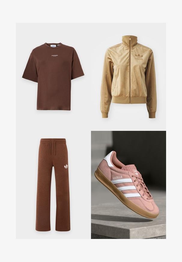 Bež velur jakna na zip z visokim ovratnikom. Ima rebraste manšete in rob, stranske žepe ter izvezeno logo na prsih.; Rjava bombažna majica s sproščenim krojem, krožnim izrezom in kratkimi rokavi. Na sprednji strani je majhen napis "JJXX STUDIO".; Rjave trenirke iz mehkega materiala s sproščenim krojem, ki imajo elastičen pas, vrvico in bel logotip na levem stegnu.; Roza semiš športni copat z belimi črtami, gumijastim podplatom, teksturiranim zgornjim delom in logotipom na ježku. Klasična nizka zasnova.
