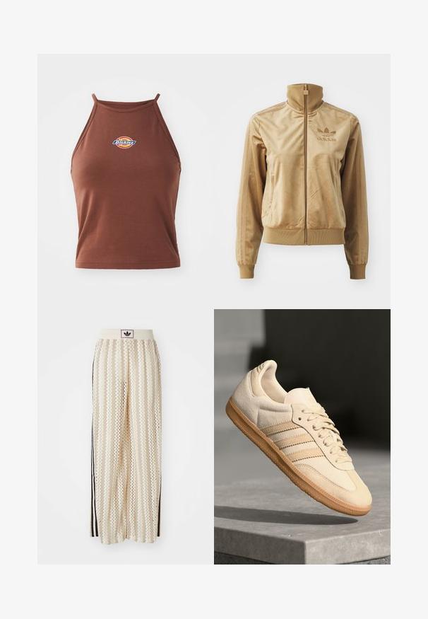 Tan velour zip-up jakke med høy krage. Den har ribbestrikkede mansjetter og kant, sidelommer og brodert logo på brystet.; Brun uten ermer crop topp laget av elastisk stoff, med en fargerik "Dickies" logo foran og tynne stropper.; Kremfargede bukser med brede ben og zigzag-mønster, med en svart logo-linning og svarte striper på siden. Lett, teksturert stoff.; Lys beige suedette sneakers med gummisåle, tre diagonale striper og en teksturert tåhette. Har logo på tungen og siden.
