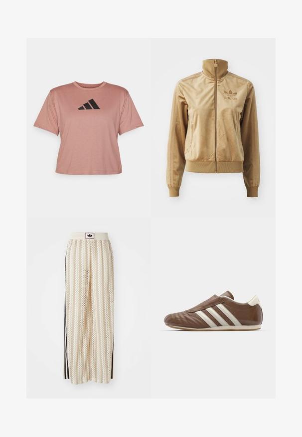 Šviesiai ruda velūrinė striukė su užtrauktuku ir aukštu apykakle. Savybės: pūstos rankovės ir apatinis kraštas, šoninės kišenės bei siuvinėtas logotipas ant krūtinės.; adidas Performance TRAIN ESSENTIALS BIG LOGO - Marškinėliai su spaudiniu - warm clay; Grietos spalvos plačios kelnės su zigzagų raštu, turinčios juodą logotipo juostą ir šonines juodas juosteles. Lengvas, tekstūruotas audinys.; adidas Originals TAEKWONDO - Įmautiniai batai - preloved brown/off white
