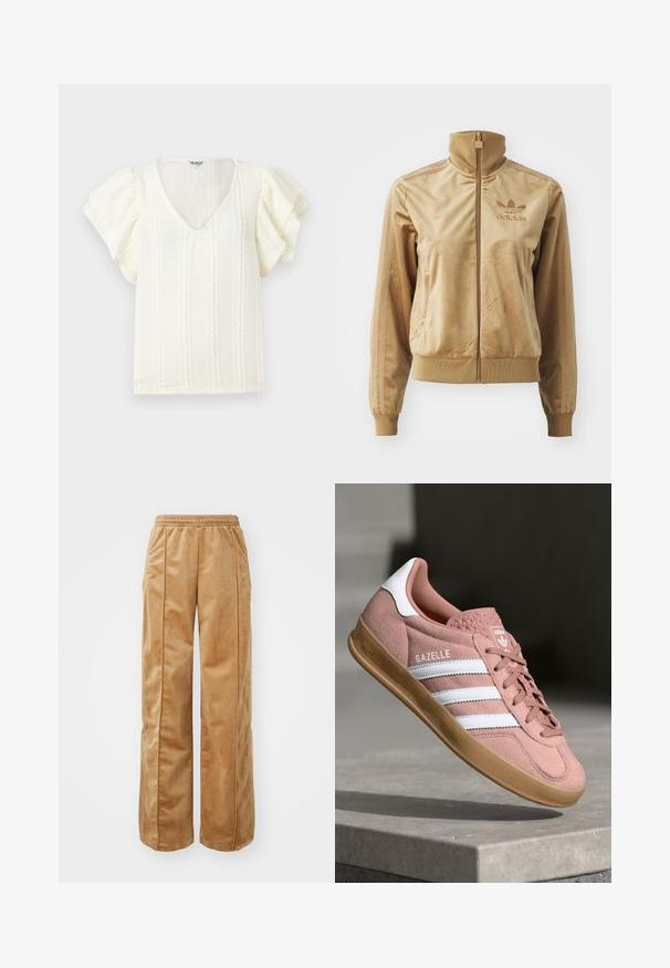 Barna velúr zipzáros dzseki magas gallérral. Bordás mandzsettákkal és aljjal, oldalsó zsebekkel, és hímzett logóval a mellen.; Fehér blúz rövid, fodros ujjakkal, V-nyakkivágással és függőleges, texturált csíkozással. Könnyű anyag, enyhe, puha fényességgel.; Puha, bársonyos anyagból készült, világosbarna széles lábú nadrág. Jellemzője a gumis derék és az elülső részen végigfutó függőleges varrás, amely extra részletességet ad.; Rózsaszín velúr sportcipő fehér csíkokkal, gumitalppal, textúrált felsőrésszel és logóval a nyelvén. Klasszikus alacsony fazon.