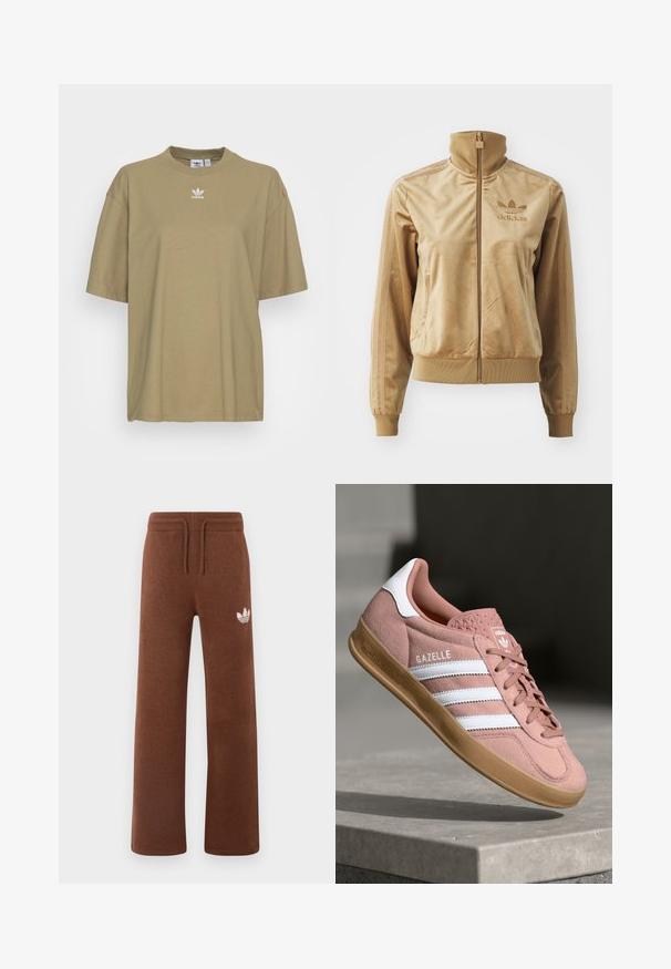 Jachetă crem din velur, cu fermoar, având un guler înalt. Dispune de manșete și tiv cu un model ribatat, buzunare laterale și un logo brodat pe piept.; adidas Originals TEE - Tricou basic - orbit green; Pantaloni de trening maroniu dintr-un material moale, cu o croială lejeră, având un talie elastică, șnur și un logo alb pe coapsa stângă.; Adidași roz din suede cu dungi albe, talpă din cauciuc, parte superioară texturată și logo pe limbă. Design clasic, de tip low-top.