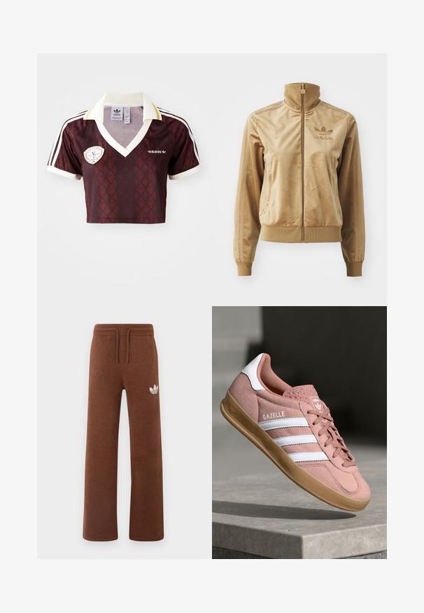 Bež velur jakna s patentnim zatvaračem i visokim ovratnikom. Sadrži rebraste rukave i rub, bočne džepove i izvezeni logotip na prsima.; Skraćena burgundska sportska košulja s ponavljajućim uzorkom, bijelim ovratnikom i tri bijele pruge na rukavima. Ima Adidas logo i oznaku.; Smeđe trenirke od mekog materijala s opuštenim krojem, s elastičnim pojasom, vezicom i bijelim logotipom na lijevom bedru.; Roze suede tenisice s bijelim prugama, gumeni potplat, teksturirani gornji dio i logo na jeziku. Klasičan niskoprofilni dizajn.