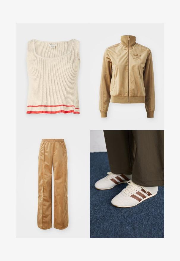 Bež velur jakna na zip z visokim ovratnikom. Ima rebraste manšete in rob, stranske žepe ter izvezeno logo na prsih.; Kremno obarvana rebrasta majica brez rokavov s krožnim izrezom in rdečo vodoravno črto na robu. Mehak, teksturiran material s sproščenim krojem.; Tamne široke hlače iz mehke, žametne tkanine. Imajo elastičen pas in vertikalne šive spredaj za dodaten detajl.; Bele superge z rjavimi črtami, oblečene z rjavimi hlačami na modrem preprogem.