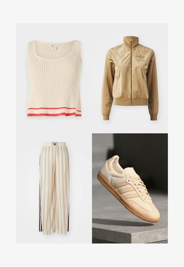 Veltīgs bēšs ar zips aizdara žakets ar augstu apkakli. Satur ribotās aproces un apakšmala, sānu kabatas un izšuvumu uz krūts.; Krēmkrāsas ribota bezgala topa ar apaļu kakla izgriezumu un sarkanu horizontālu strīpu apakšmalā. Mīksts, teksturēts audums ar brīvu piegriezumu.; Krēmbalti plaša piegriezuma bikses ar zigzaga rakstu, ar melnu logotipa jostu un melnām sānu svītrām. Viegls, teksturēts audums.; Gaišbeige zamšas sneakeris ar gumijas zoli, trim diagonālām svītrām un teksturētu purngali. Uz mēles un sānos ir redzams logotips.