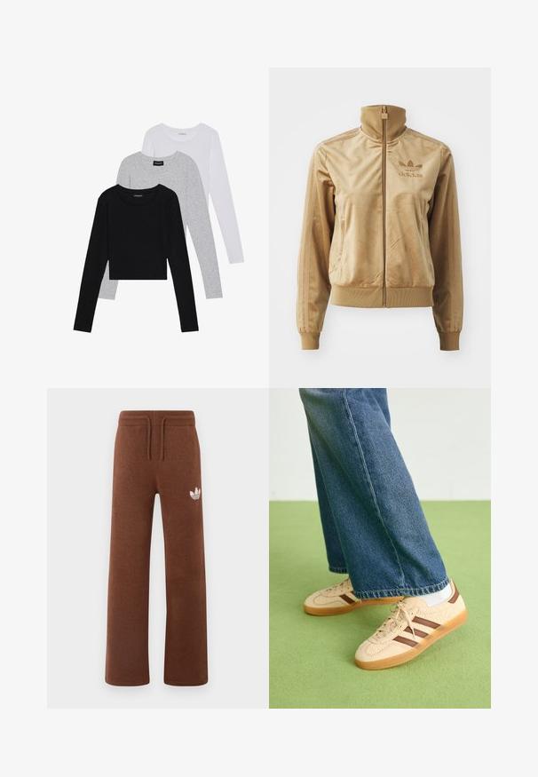 Tan velour zip-up jacket with a high collar. Features ribbed cuffs and hem, side pockets, and embroidered logo on the chest.; Three long-sleeve tops stacked: black, grey, and white. Each has a round neckline and a cropped design with smooth, lightweight fabric.; Brown sweatpants in soft fabric with a relaxed fit, featuring an elastic waistband, drawstring, and a white logo on the left thigh.; Beige sneakers with textured cream panels and brown stripes, paired with blue denim jeans. The jeans have a wide leg and frayed hem.