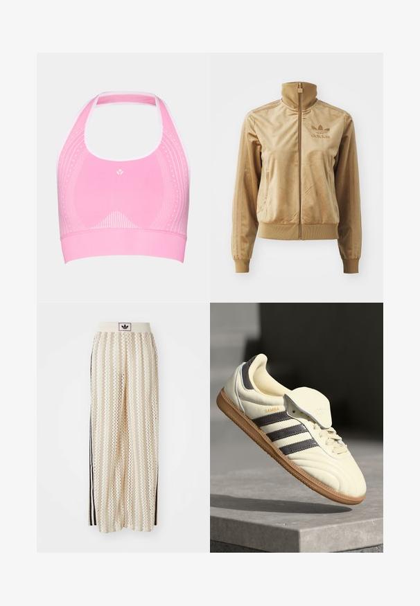 Kreemjas veluurist kapuutsiga jakki, mis sulgub tõmbel. Omab soonikkudega mansette ja allääri, küljetaskuid ning tikandiga logo rinnal.; Roosa sportbra, millel on kaelusdisain, millel on peened valged mustrid ja ribakujundus alläärselt.; Kreemivärvilised lai säärega püksid, millel on siksakmustrit, must logoga vööp ja külgmised mustad triibud. Kerge, tekstureeritud kangas.; Kreem värvi nahast tennisetossid, millel on kolm tumedat triipu, pruun kummi tald ja ümardatud varvas. Omab volditavat keelt, millel on sildil "SAMBA."