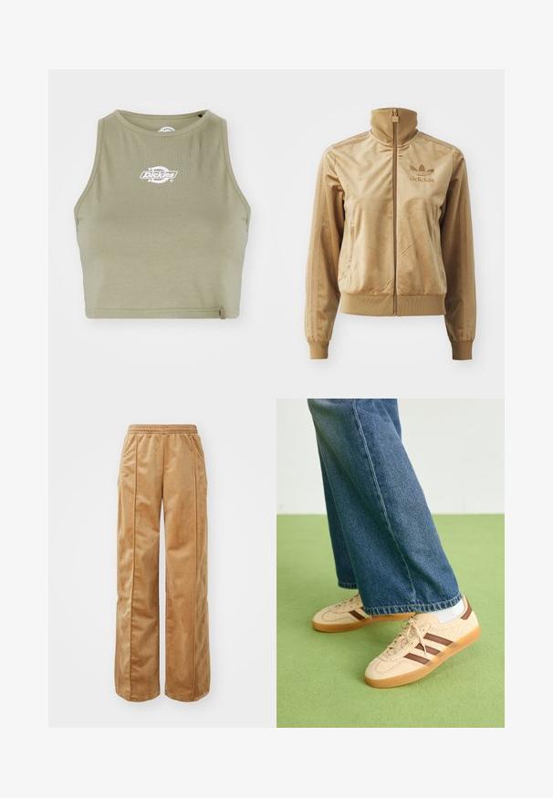 Béžová sametová bunda na zip s vysokým límcem. Obsahuje žebrované manžety a lem, boční kapsy a vyšívané logo na hrudi.; Dickies POWERS - Top - imperial green; Hnědé široké kalhoty vyrobené z měkkého, sametového materiálu. Obsahují elastický pas a vertikální švy na přední straně pro zvýšení detailu.; Beige tenisky s texturovanými krémovými panely a hnědými pruhy, kombinované s modrými džínovými kalhotami. Džínsy mají široké nohavice a roztrhaný lem.