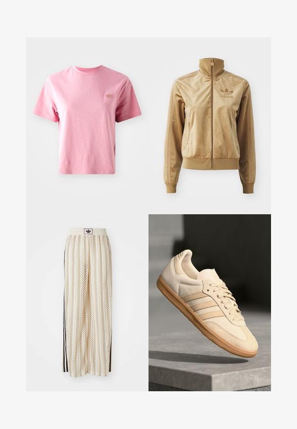 Jaqueta de veludo bege com fecho éclair e gola alta. Apresenta punhos e bainha canelados, bolsos laterais e logótipo bordado no peito.; T-shirt de algodão cor-de-rosa com mangas curtas, gola redonda e um patch de logotipo retangular na parte esquerda do peito. Textura suave, corte descontraído.; Calças largas de cor creme com um padrão em zigzag, apresentando uma cintura com logotipo preto e riscas laterais pretas. Tecido leve e texturizado.; Sapatilha de camurça bege clara com sola de borracha, três riscas diagonais e uma biqueira texturizada. Apresenta o logótipo na língua e na lateral.