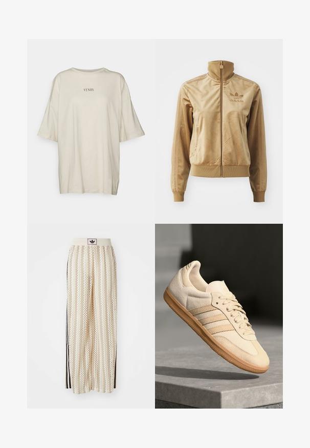 Veltīgs bēšs ar zips aizdara žakets ar augstu apkakli. Satur ribotās aproces un apakšmala, sānu kabatas un izšuvumu uz krūts.; Kremkrāsas, pārmērīgā izmērā T-kreklis, izgatavots no mīksta materiāla, ar apaļu apkakli un īsām piedurknēm. Centrā melnā krāsā ir norakstīts vārds "VENUS."; Krēmbalti plaša piegriezuma bikses ar zigzaga rakstu, ar melnu logotipa jostu un melnām sānu svītrām. Viegls, teksturēts audums.; Gaišbeige zamšas sneakeris ar gumijas zoli, trim diagonālām svītrām un teksturētu purngali. Uz mēles un sānos ir redzams logotips.