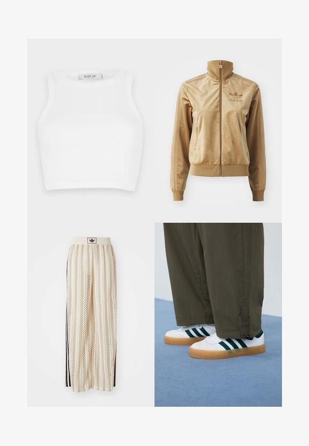 Šviesiai ruda velūrinė striukė su užtrauktuku ir aukštu apykakle. Savybės: pūstos rankovės ir apatinis kraštas, šoninės kišenės bei siuvinėtas logotipas ant krūtinės.; Baltas raukšlėtas trumpas viršus su apvalia iškirpte ir be rankovių dizainu. Prie iškirpės užrašyta "REPLAY". Visas paviršius lygus.; Grietos spalvos plačios kelnės su zigzagų raštu, turinčios juodą logotipo juostą ir šonines juodas juosteles. Lengvas, tekstūruotas audinys.; Balti sportiniai bateliai su žaliais dryžiais, guminiai padukai, derinami su alyvuogių žalios spalvos, siaurėjančiomis kelnėmis su kulkšnies raišteliais.