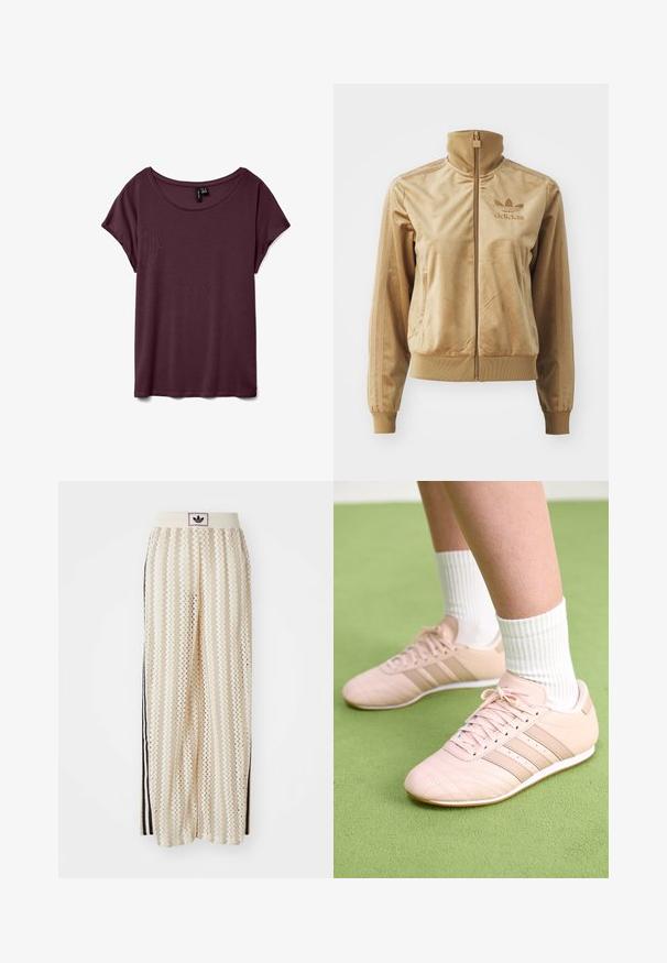 Tan velour zip-up jakke med høy krage. Den har ribbestrikkede mansjetter og kant, sidelommer og brodert logo på brystet.; Burgunderfarget kortermet t-skjorte, rund hals, laget av mykt stoff med en glattere tekstur. Har en avslappet passform og minimal sømdetalj.; Kremfargede bukser med brede ben og zigzag-mønster, med en svart logo-linning og svarte striper på siden. Lett, teksturert stoff.; Lys rosa treningssko med skrå sømmer, hvite såler og tre laterale striper. Brukt med rillede hvite sokker på grønn overflate.