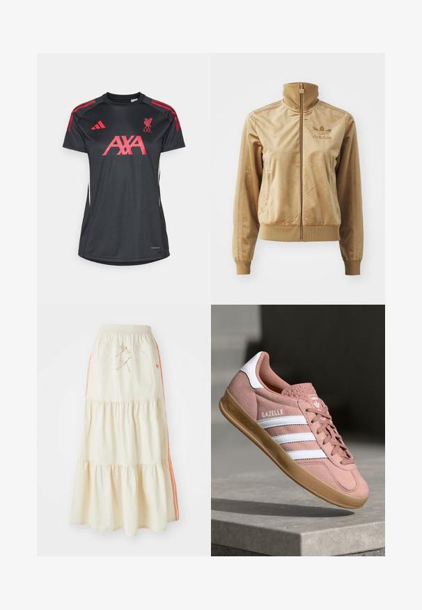 Bež velur jakna na zip z visokim ovratnikom. Ima rebraste manšete in rob, stranske žepe ter izvezeno logo na prsih.; Črna športna majica z rdečimi poudarki, ki ima logo nogometnega kluba Liverpool, blagovno znamko "AXA" in Adidasove črte na ramenih.; Kremno obarvana midi krila v več plasteh z raztegljivim pasom in vrvico. Ima oranžne stranske črte in mehko, gladko bombažno teksturo.; Roza semiš športni copat z belimi črtami, gumijastim podplatom, teksturiranim zgornjim delom in logotipom na ježku. Klasična nizka zasnova.