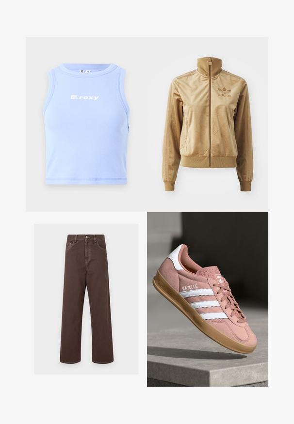 Tan velour zip-up jacket with a high collar. Features ribbed cuffs and hem, side pockets, and embroidered logo on the chest.; Light blue ribbed tank top with a crew neckline and "roxy" logo in white across the chest; fitted design and cropped length.; Brown wide-leg denim pants with contrasting stitching, five pockets, and a metal button closure. Smooth texture, straight cut.; Pink suede sneaker with white stripes, rubber gum sole, textured upper, and logo on tongue. Classic low-top design.