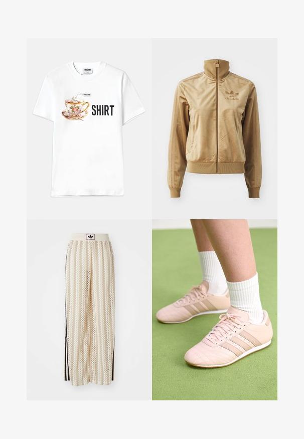 Tan velour zip-up jakke med høy krage. Den har ribbestrikkede mansjetter og kant, sidelommer og brodert logo på brystet.; Hvit bomulls T-skjorte med et grafisk trykk av en blomsterkopp med tepose og ordet "T-SKJORTE" i fete svarte bokstaver.; Kremfargede bukser med brede ben og zigzag-mønster, med en svart logo-linning og svarte striper på siden. Lett, teksturert stoff.; Lys rosa treningssko med skrå sømmer, hvite såler og tre laterale striper. Brukt med rillede hvite sokker på grønn overflate.