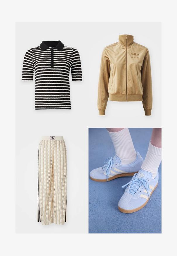Tan velour zip-up jakke med høy krage. Den har ribbestrikkede mansjetter og kant, sidelommer og brodert logo på brystet.; Svart- og hvitstripete kortermet polo med rillet tekstur, med svart krage og knappestolpe foran.; Kremfargede bukser med brede ben og zigzag-mønster, med en svart logo-linning og svarte striper på siden. Lett, teksturert stoff.; Lyseblå semsskinn sneakers med hvite striper, flate snørebånd og såle i gummi. Ribbet hvite sokker bæres over ankelen.