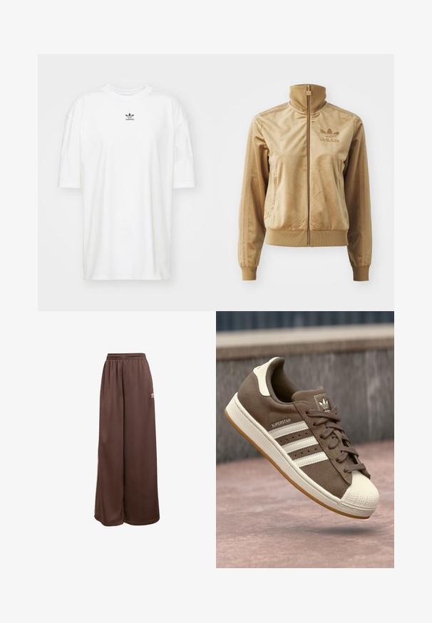 Hnedá velúrová mikina s dlhým zipsom a vysokým golierom. Obsahuje rebrované manžety a lem, bočné vrecká a vyšívané logo na hrudi.; adidas Originals TEE - Základné tričko - cloud white; adidas Originals Tepláky - auburn cream white; Hnedé semišové tenisky s bielymi pruhmi, krémovými akcentmi a gumovou špičkou. Obsahujú šnurovací dizajn a textúrovanú gumenú podrážku.