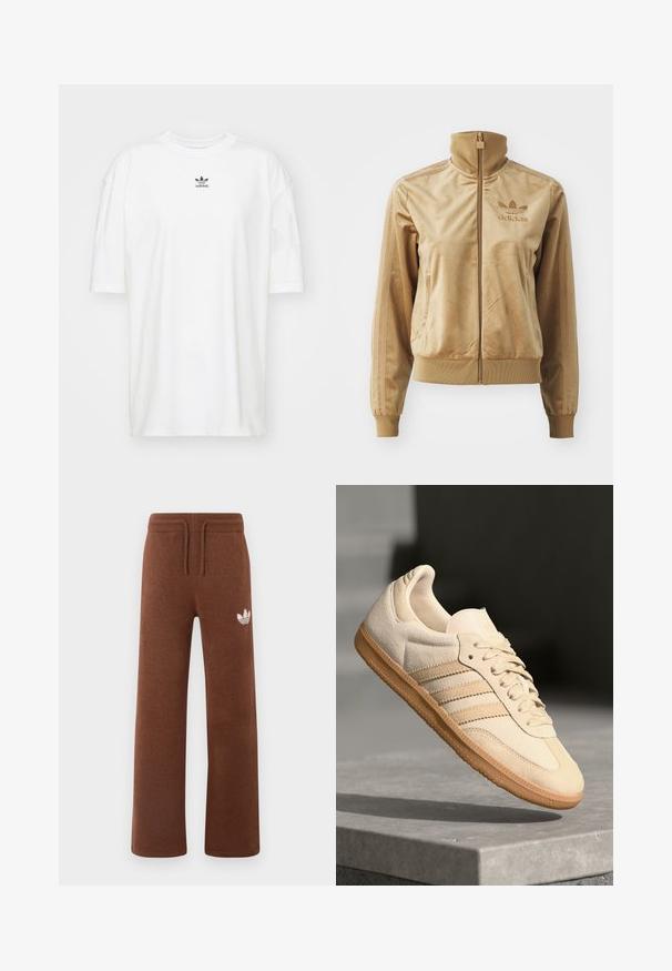 Barna velúr zipzáros dzseki magas gallérral. Bordás mandzsettákkal és aljjal, oldalsó zsebekkel, és hímzett logóval a mellen.; adidas Originals TEE - Basic póló - cloud white; Barna pamut joggingnadrág, laza szabással, rugalmas derékrésszel, húzózsinórral, és fehér logóval a bal combon.; Világos bézs velúr sportcipő, gumitalppal, három átlós csíkkal és texturált orral. A díszítés a nyelven és az oldalon található.