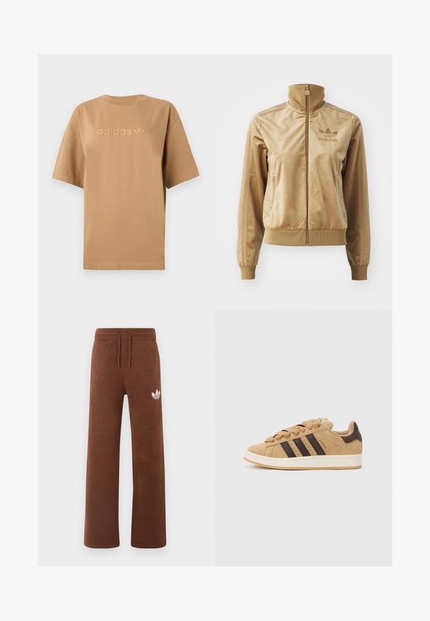 Šviesiai ruda velūrinė striukė su užtrauktuku ir aukštu apykakle. Savybės: pūstos rankovės ir apatinis kraštas, šoninės kišenės bei siuvinėtas logotipas ant krūtinės.; Ruda medvilnės marškinėliai trumpomis rankovėmis ir apvaliu iškirpimu. Papuošti iškilmingu 'adidas' logotipu ir trifolio emblema, derančia tonu.; Rudos sportinės kelnės iš minkštos medžiagos, laisvo kirpimo, su elastingu juosmeniu, raišteliu ir baltu logotipu kairiajame šlaunyje.; Rudos suede sportbačiai su trimis tamsiai rudos spalvos juostelėmis, balta padu ir smėlio spalvos raišteliais. Derinami su melsvai žaliais ir baltais dryžuotais kelnėmis.