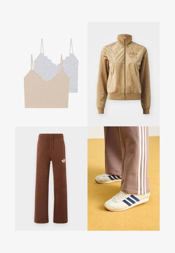 Kreemjas veluurist kapuutsiga jakki, mis sulgub tõmbel. Omab soonikkudega mansette ja allääri, küljetaskuid ning tikandiga logo rinnal.; Kaks kampsunit: üks beež ja teine helesinine. Igal on õhuke rihm ja laineline kaelus, valmistatud pehmest ja elastsetest kangast.; Pruunid dressipüksid pehmes kangas, millel on relaxeeritud lõige, elastne vöökoht, nöör ja valge logo vasakul reiel.; Kreemikaded siniste seemisribade, valgete paelte ja kummitaldadega. Kombineeritud hallide dressipükstega, millel on valged küljeribad.