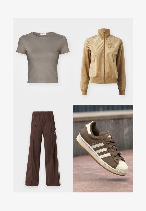 Vaaleanruskea velour-viitta, jossa on korkea kaulus. Ainoa ribbaus hihansuissa ja helmassa, sivutaskut sekä brodeerattu logo rinnassa.; Lyhythihainen, pyöreäkaulainen t-paita taupe-värissä, valmistettu sileästä puuvillasta. Sijoittuu istuvaksi ja siinä on hienot saumat helman ja hihansuiden ympärillä.; Ruskeat urheiluhousut leveillä lahkeilla, valkoisilla sivuraitoja, joustavalla vyötäröllä ja kahdella sivutaskulla. Lahkeessa pieni logo.; Ruskeat mokka-tennarit, joissa on valkoiset raidat, kermaiset yksityiskohdat ja kuminen kärki. Varustettu nauhaketjulla ja kuvioidulla kuminpohjalla.