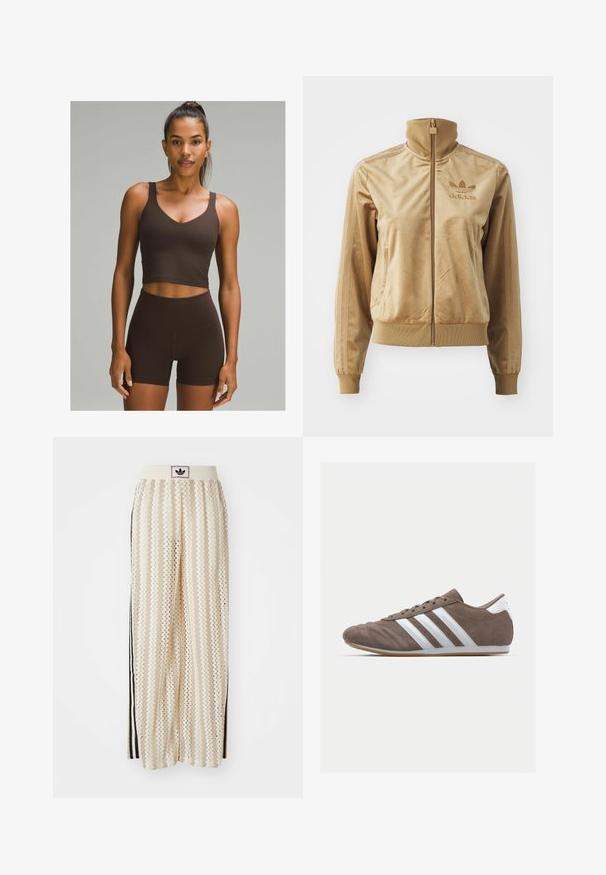 Veltīgs bēšs ar zips aizdara žakets ar augstu apkakli. Satur ribotās aproces un apakšmala, sānu kabatas un izšuvumu uz krūts.; lululemon ALIGN™ A/B CUP - Tops - espresso; Krēmbalti plaša piegriezuma bikses ar zigzaga rakstu, ar melnu logotipa jostu un melnām sānu svītrām. Viegls, teksturēts audums.; Brūnas zamšādas sporta kurpes ar baltām svītrām, apaļā purngala forma, ar auklēm, un gumijas zole. Tekstūrēts augšdaļa ar šuvju detaļām.