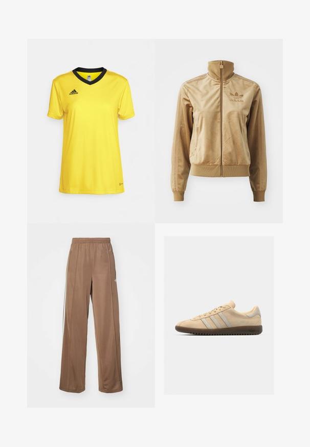 Bež velur jakna na zip z visokim ovratnikom. Ima rebraste manšete in rob, stranske žepe ter izvezeno logo na prsih.; Rumena atletska majica iz gladkega materiala, z črnim V-izrezom in kratkimi rokavi. Logotip Adidas je prikazan v črni barvi.; Rjavi atletski hlače iz mehkega materiala, z elastičnim pasom, stranskimi žepi in belimi logotipskimi poudarki na levem boku.; Bež semiš športni čevlji s tremi srebrnimi črtami, ravnim rjavim gumijastim podplatom, zaobljenim nosom in minimalističnim dizajnom.