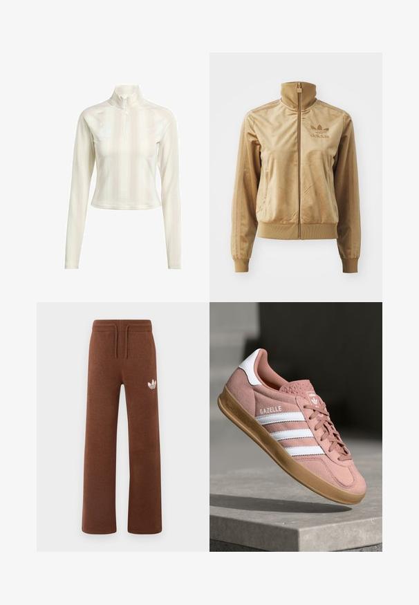 Hnedá velúrová mikina s dlhým zipsom a vysokým golierom. Obsahuje rebrované manžety a lem, bočné vrecká a vyšívané logo na hrudi.; Biely dlhý rukáv s zipsom a vysokým golierom, ktorý má jemné vertikálne pruhy a logové akcenty na hrudi a rukáve. Mäkká textúra látky.; Hnedé teplákové nohavice z mäkkého materiálu s uvoľneným strihom, s elastickým pásom, šnúrkou na stiahnutie a bielym logom na ľavom stehne.; Ružové semišové tenisky s bielymi pruhmi, gumovou podrážkou, textúrovaným vrchom a logom na jazykovej části. Klasický nízkoprofilový dizajn.