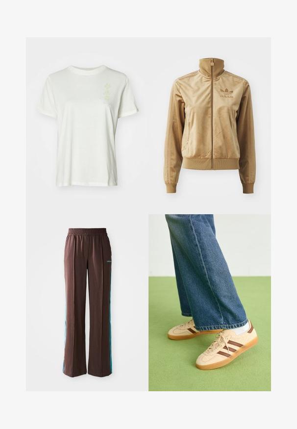 Hnedá velúrová mikina s dlhým zipsom a vysokým golierom. Obsahuje rebrované manžety a lem, bočné vrecká a vyšívané logo na hrudi.; Biela bavlnená tričko s okrúhlym výstrihom, krátkymi rukávmi a jemným pastelovým kvetinovým vzorom na prednej strane. Mäkkučká textúra, uvoľnený strih.; Hnedé športové nohavice s rebrovou textúrou, elastickým pásom a tyrkysovými bočnými pruhmi. Na prednej strane sa nachádza logo adidas.; Béžové tenisky s textúrovanými krémovými panelmi a hnedými pruhmi, skombinované s modrými džínsami. Džínsy majú široké nohavice a roztrhnutý lem.