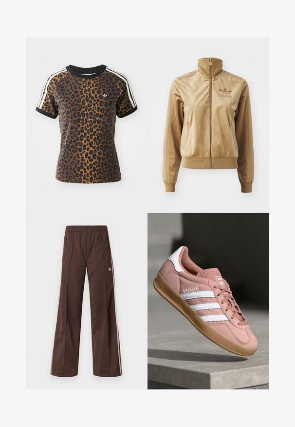 Bež velur jakna s patentnim zatvaračem i visokim ovratnikom. Sadrži rebraste rukave i rub, bočne džepove i izvezeni logotip na prsima.; T-maica s uzorkom leoparda, kratkih rukava, crnim rebrastim okruglim izrezom i bijelim bočnim prugama. Izrađena od mekanog materijala s opuštenim krojem.; Smeđe sportske hlače širokih nogavica, s bijelim bočnim prugama, elastičnim pojasom i dva bočna džepa. Na nozi se nalazi mali logo.; Roze suede tenisice s bijelim prugama, gumeni potplat, teksturirani gornji dio i logo na jeziku. Klasičan niskoprofilni dizajn.
