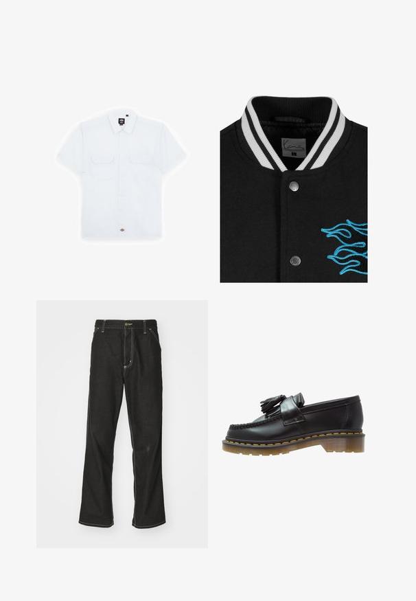 Musta yliopistojakki, jossa on valkoinen raidallinen kaulus, nepparikiinnitys ja eloisat siniset liekkikirjailut vasemmalla puolella.; Valkoinen baseball-tyylinen paita lyhyillä hihoilla, mustat etunapit ja rohkea "CORE"-kirjonta mustalla. Sisältää mustan korostusviivan kauluksessa.; Lyhythihainen nappipaita valkoisena, jossa on terävä kaulus, kaksi etutaskua ja pieni logotagi alahelassa. Perussuunnittelu.; Mustat farkut, joissa on löysä istuvuus, erottuva valkoinen ompelu, nappikiinnitys ja suora lahje.; Mustat nahka loaferit, joissa on teksturoitu pinta, koristeellinen tupsu ja erottuva keltainen ommel, paksulla, läpinäkyvällä pohjalla.