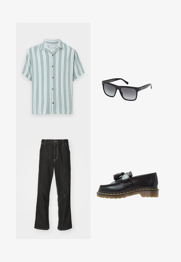 Zwarte varsityjack met een witte gestreepte kraag, drukknoopsluiting en levendige blauwe vlamborduursel aan de linkerkant.; Witte honkbalstijl trui met korte mouwen, zwarte voorknopjes en gedurfde "CORE" letters in het zwart. Beschikt over zwarte accenten langs de kraag.; Korte mouw shirt met groene en witte verticale strepen, gemaakt van lichtgewicht stof. Beschikt over een ontspannen pasvorm en bruine knopen.; Witte katoen t-shirt met een klassieke ronde hals, korte mouwen en een klein, grijs GAP-logo op de linkerkant van de borst. Eenvoudig, onopgesmukt ontwerp.; Zwarte denim jeans met een losse pasvorm, voorzien van contrasterende witte stiksels, een knoopsluiting en een recht ontwerp.; Zwarte leren instappers met een gestructureerde afwerking, voorzien van een decoratieve kwast en contrasterende gele stiksels, op een chunky, transparante zool.; Guess Zonnebril - glossy black smoke gray