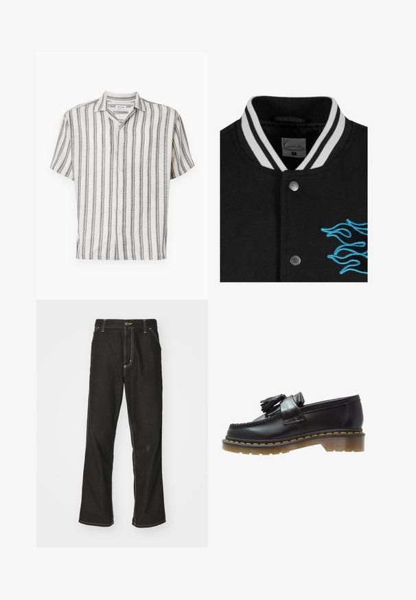 Schwarze College-Jacke mit einem weißen gestreiften Kragen, Druckknopfverschluss und lebendiger blauer Flammenstickerei auf der linken Seite.; Weißes Baseball-Trikot mit kurzen Ärmeln, schwarzen Frontknöpfen und fett gedrucktem "CORE"-Schriftzug in Schwarz. Mit schwarzen Akzenten entlang des Kragens.; Hemd mit kurzen Ärmeln in Creme mit vertikalen schwarzen Streifen. Verfügt über einen Kragen und fünf Knöpfe auf der Vorderseite. Strukturierter Stoff.; Schwarze Denim-Jeans mit lockerer Passform, kontrastierenden weißen Nähten, einem Knopfverschluss und geradem Bein.; Schwarze Lederloafer mit strukturiertem Finish, ausgestattet mit einer dekorativen Quaste und kontrastierenden gelben Nähten, auf einer klobigen, transparenten Sohle.