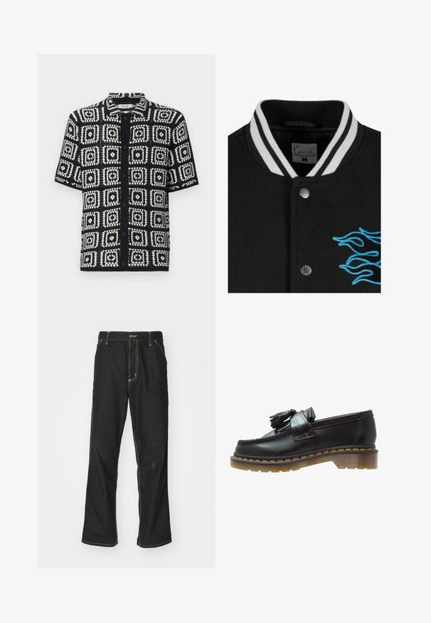 Crni универзитетски капут са белим пругастим коларом, затварањем на дугмиће и живописном плавом ватрографијом на левој страни.; Bijela majica u bejzbol stilu s kratkim rukavima, crnim prednjim dugmadima i istaknutim crnim natpisom "CORE". Ima crne akcentne trake oko ovratnika.; Košulja kratkih rukava crno-bijele boje s kvadratnim uzorkom. Izrađena je od teksturiranog materijala, s dugmadi sprijeda i šiljastim kragnom.; Dugi rukav bijela pamučna majica s okruglim izrezom, sa malim žutim i burgundskim logom na lijevoj strani prsnog koša. Bezšavne manžete i rub.; Crne traperice s opuštenim krojem, s kontrastnim bijelim šavovima, zakovicom za zatvaranje i ravnim nogavicama.; Crne kožne mokasine s teksturiranim finišem, s dekorativnom resom i kontrastnim žutim šavovima, na debelom prozirnom đonu.