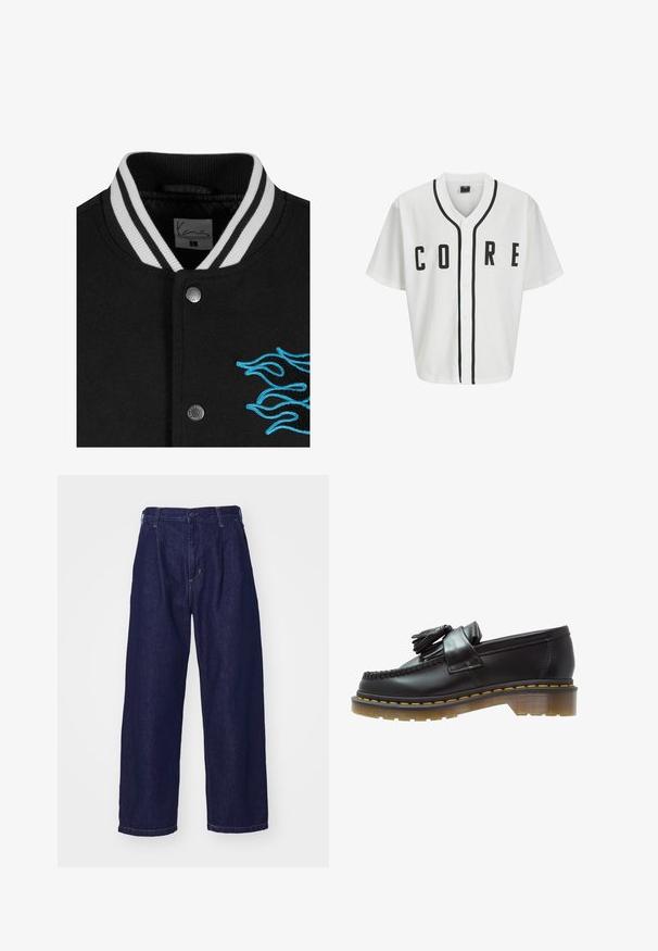 Czarna kurtka varsity z białymi paskami na kołnierzu, zapięciem na napy oraz żywym, niebieskim haftem płomienia po lewej stronie.; Biała koszulka baseballowa z krótkimi rękawami, czarnymi guzikami z przodu i wyraźnym napisem "CORE" w czerni. Posiada czarne akcenty wzdłuż kołnierza.; Biała bawełniana koszulka z długim rękawem i okrągłym dekoltem, z małym żółtym i bordowym logo po lewej stronie klatki piersiowej. Bezszwowe mankiety i dół.; Granatowe dżinsy o szerokim kroju, wysoki stan, z zapięciem na guzik i klasycznym pięciopunktowym stylem. Gładka tekstura, subtelne przeszycia.; Czarne skórzane mokasyny o teksturowanym wykończeniu, z dekoracyjnym frędzlem i kontrastującym żółtym przeszyciem, na solidnej, przezroczystej podeszwie.