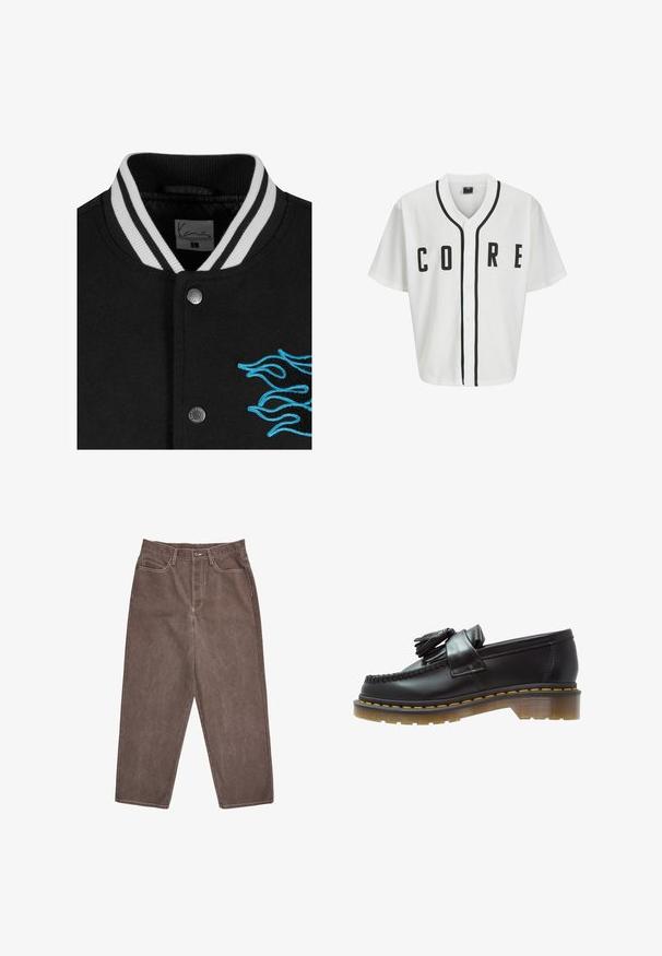 Čierna varsity bunda s bielym prúžkovaným golierom, zapínaním na cvoky a živou modrou výšivkou plameňa na ľavej strane.; Biela baseballová mikina s krátkymi rukávmi, čiernymi prednými gombíkmi a výrazným nápisom "CORE" v čiernej farbe. Má čierne akcenty pozdĺž goliera.; Dlhý rukáv bielej bavlnenej tričko s okrúhlym výstrihom, s malým žltým a vínovým logom na ľavej hrudi. Bezšvové manžety a lem.; Hnedé džínsy so rovný strihom, s kontrastným bielym šitím a štandardným pásom so zapínaním na prednom gombíku.; Čierne kožené mokasíny s textúrovaným povrchom, so zdobnou strapcovou aplikáciou a kontrastným žltým prešívaním, na masívnej priehľadnej podrážke.