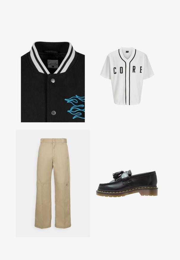 Črn univerzitetni jopič z belimi črtami na ovratniku, zapiranjem na gumbke in živahnimi modrimi plameni izvezenimi na levi strani.; Bela bejzbolska majica s kratkimi rokavi, črni sprednji gumbi in poudarjeno besedilo "CORE" v črni barvi. Ima črne obrobe okrog ovratnika.; Dolga majica iz belega bombaža s kratkimi rokavi in krojnim izrezom, ki ima majhen rumen in bordo logotip na levem prsnem delu. Brezšivne manšete in rob.; Bež hlače širokih nogavic iz trpežnega materiala, z visokim pasom, vidnimi šivi in majhnim logotipom na strani.; Črne usnjene loafers čevlje z pletenim detajlom, s cofki in debelim, prozornim podplatom, ki ima oranžno nit.