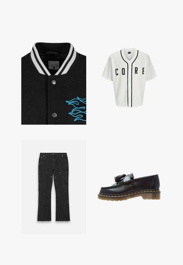 Sort varsityjakke med en hvidstribet krave, trykknaplukning og livlige blå flammebroderier på venstre side.; Hvid baseball-stil trøje med korte ærmer, sorte frontknapper og fed "CORE" skrift i sort. Har sorte accentstriber langs kraven.; Langærmet hvid bomulds T-shirt med rund hals, prydet med et lille gult og burgunder logo på venstre bryst. Uden sømme ved ærmerne og kanten.; Sorte denimbukser med lige ben-design, der har to forlommer, metallisk hardware og en rå kantdetalje nederst.; Sorte læder loafers med en tekstureret overflade, der har en dekorativ kvast og kontrasterende gul syning, på en chunky, transparent sål.