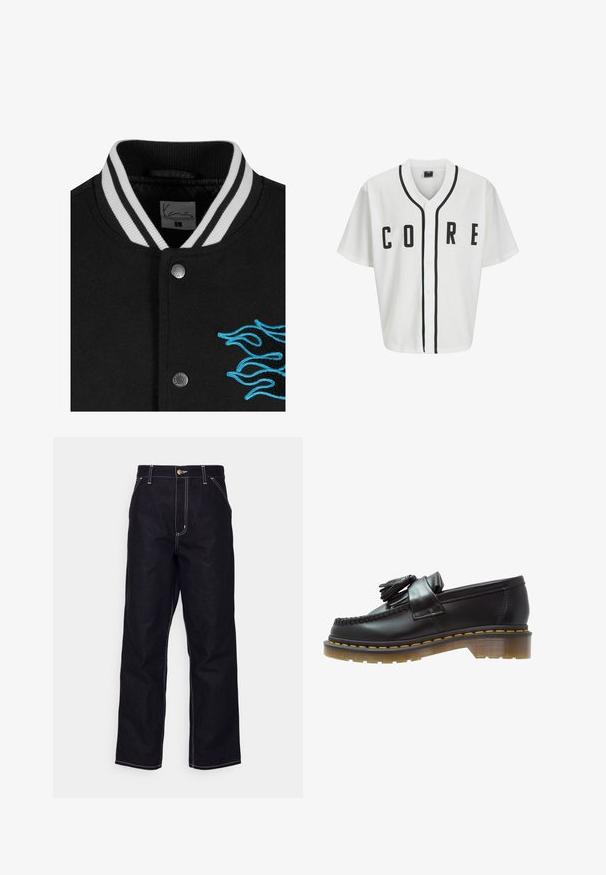 Crni универзитетски капут са белим пругастим коларом, затварањем на дугмиће и живописном плавом ватрографијом на левој страни.; Bijela majica u bejzbol stilu s kratkim rukavima, crnim prednjim dugmadima i istaknutim crnim natpisom "CORE". Ima crne akcentne trake oko ovratnika.; Dugi rukav bijela pamučna majica s okruglim izrezom, sa malim žutim i burgundskim logom na lijevoj strani prsnog koša. Bezšavne manžete i rub.; Crne traperice od denima sa ravnim krojem, kontrastnim bijelim šavovima, zatvaranjem na dugme i dva prednja džepa.; Crne kožne mokasine s teksturiranim finišem, s dekorativnom resom i kontrastnim žutim šavovima, na debelom prozirnom đonu.
