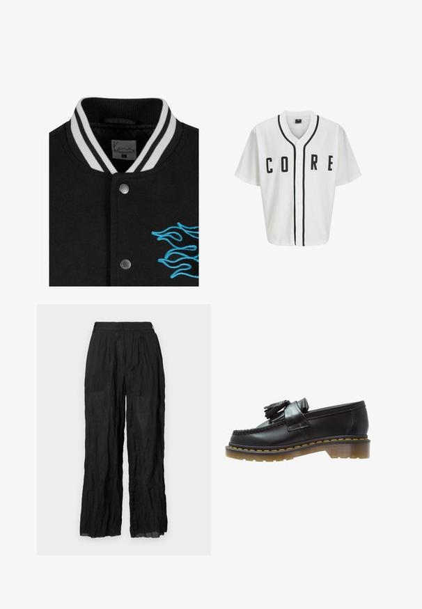 Czarna kurtka varsity z białymi paskami na kołnierzu, zapięciem na napy oraz żywym, niebieskim haftem płomienia po lewej stronie.; Biała koszulka baseballowa z krótkimi rękawami, czarnymi guzikami z przodu i wyraźnym napisem "CORE" w czerni. Posiada czarne akcenty wzdłuż kołnierza.; Biała bawełniana koszulka z długim rękawem i okrągłym dekoltem, z małym żółtym i bordowym logo po lewej stronie klatki piersiowej. Bezszwowe mankiety i dół.; Czarne lniane spodnie szerokie o fakturowanym wykończeniu. Posiadają elastyczny pas i subtelne plisowania.; Czarne skórzane mokasyny o teksturowanym wykończeniu, z dekoracyjnym frędzlem i kontrastującym żółtym przeszyciem, na solidnej, przezroczystej podeszwie.