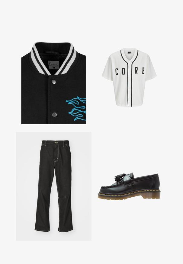 Musta yliopistojakki, jossa on valkoinen raidallinen kaulus, nepparikiinnitys ja eloisat siniset liekkikirjailut vasemmalla puolella.; Valkoinen baseball-tyylinen paita lyhyillä hihoilla, mustat etunapit ja rohkea "CORE"-kirjonta mustalla. Sisältää mustan korostusviivan kauluksessa.; Pitkähihainen valkoinen puuvillapaita, jossa on pyöreä kaula-aukko. Vasemmassa rinnassa on pieni keltainen ja burgundinvärinen logo. Saumattomat hihansuut ja helma.; Mustat farkut, joissa on löysä istuvuus, erottuva valkoinen ompelu, nappikiinnitys ja suora lahje.; Mustat nahka loaferit, joissa on teksturoitu pinta, koristeellinen tupsu ja erottuva keltainen ommel, paksulla, läpinäkyvällä pohjalla.