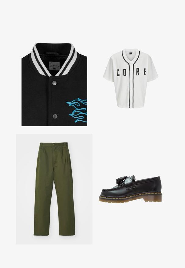 Čierna varsity bunda s bielym prúžkovaným golierom, zapínaním na cvoky a živou modrou výšivkou plameňa na ľavej strane.; Biela baseballová mikina s krátkymi rukávmi, čiernymi prednými gombíkmi a výrazným nápisom "CORE" v čiernej farbe. Má čierne akcenty pozdĺž goliera.; Dlhý rukáv bielej bavlnenej tričko s okrúhlym výstrihom, s malým žltým a vínovým logom na ľavej hrudi. Bezšvové manžety a lem.; Olivové vysoké nohavice s rovnými nohavicami. Vyrobené z ľahkej látky, s prednými skladmi a zapínaním na gombík.; Čierne kožené mokasíny s textúrovaným povrchom, so zdobnou strapcovou aplikáciou a kontrastným žltým prešívaním, na masívnej priehľadnej podrážke.