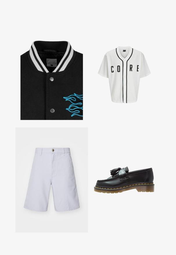Čierna varsity bunda s bielym prúžkovaným golierom, zapínaním na cvoky a živou modrou výšivkou plameňa na ľavej strane.; Biela baseballová mikina s krátkymi rukávmi, čiernymi prednými gombíkmi a výrazným nápisom "CORE" v čiernej farbe. Má čierne akcenty pozdĺž goliera.; Dlhý rukáv bielej bavlnenej tričko s okrúhlym výstrihom, s malým žltým a vínovým logom na ľavej hrudi. Bezšvové manžety a lem.; Svetlo modré bavlnené šortky s gombíkovým zapínaním, rovný strih, prednými vreckami a hladkým povrchom. Žiadne vzory ani akcenty nie sú viditeľné.; Čierne kožené mokasíny s textúrovaným povrchom, so zdobnou strapcovou aplikáciou a kontrastným žltým prešívaním, na masívnej priehľadnej podrážke.